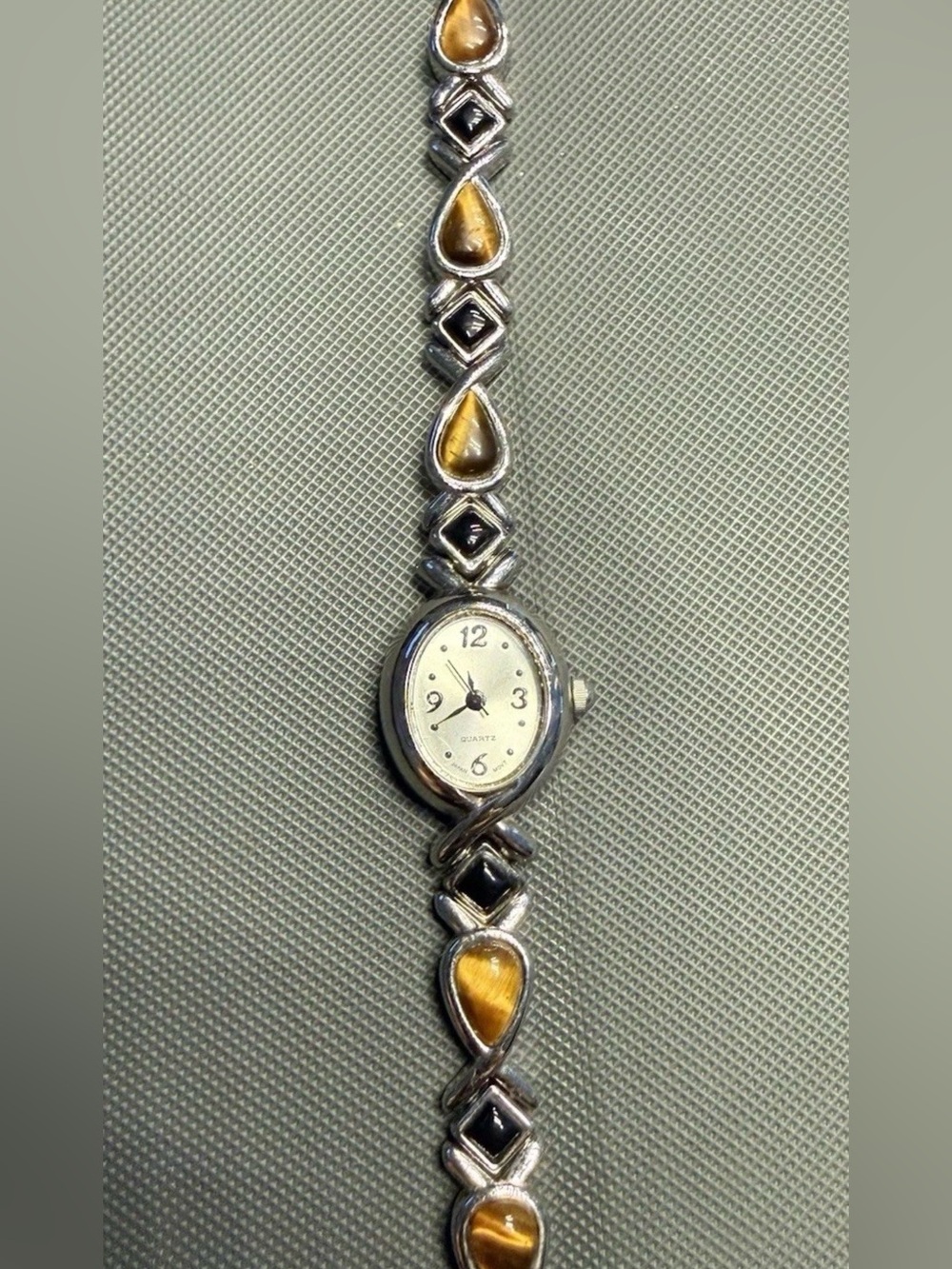 Avon Silver-Tone Watch Bracelet with Golden Brown Cabochons